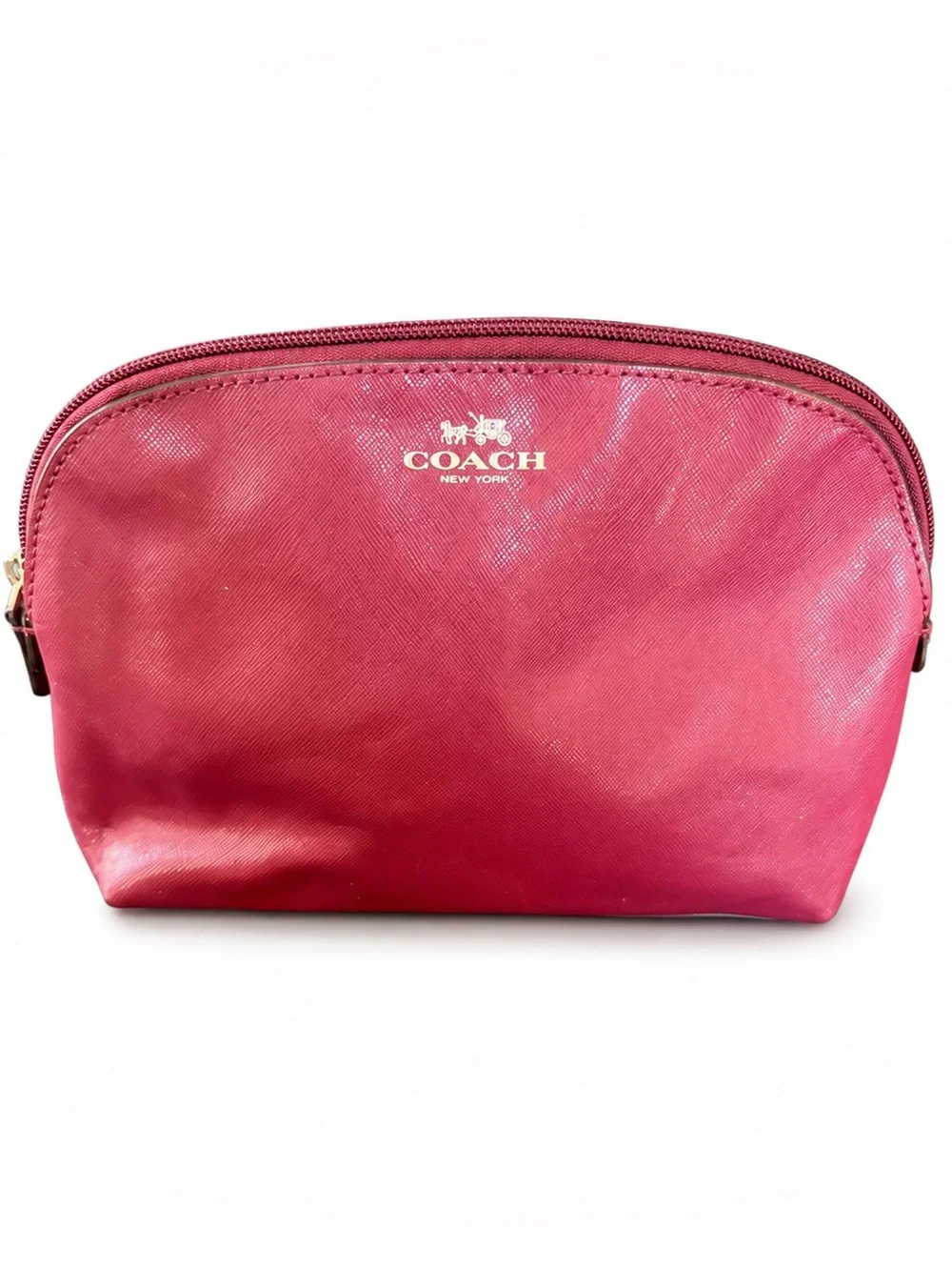 Coach Fuchsia Crossgrain Leather Small Zip Cosmetic Pouch
